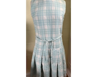 Vtg 1960s Jennifer Dallas Dress Green White Plaid Sleeveless Pleated Belted M