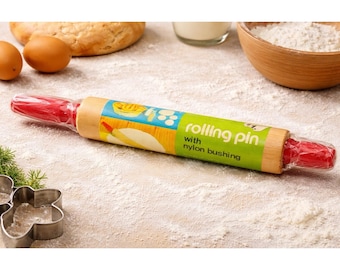 Rodillo de madera NOS de 45 cm con casquillos de nailon y mangos rojos. F.W. Woolworth Taiwán.