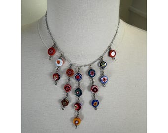 Vintage Millefiori Glass Bead Necklace 15" Multicolor Murrine Cascading Dangle