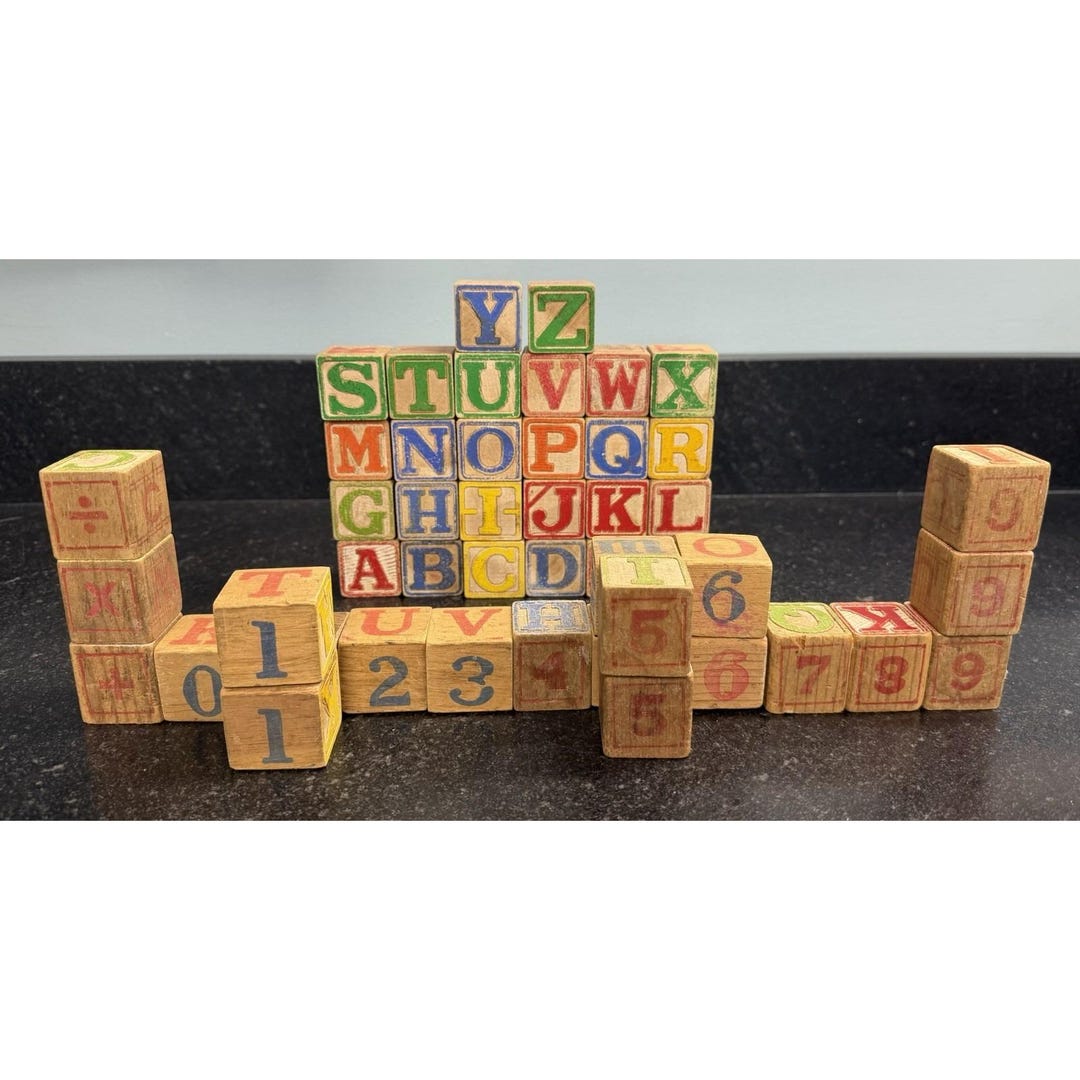 Vtg Wooden Alphabet & Number Blocks Set 47pc ABC Learning Toy Math ...