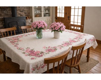 Vintage Pink Floral Chrysanthemum Tablecloth Linen 55x90 Rectangular