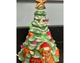 Vtg 10" Tall Ceramic Lighted Christmas Tree Colored Bulbs Teddy Bear & Gifts