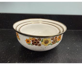 Vtg Crowning Touch Harvest Blossom Enamel Bowl Set 1970s Floral Nesting Bowls