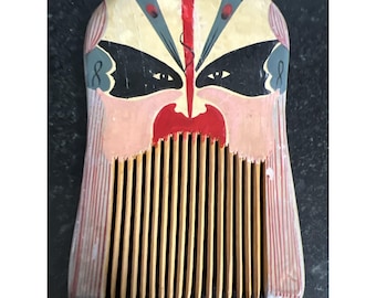 Traditional Chinese Hand Painted Wooden Comb Chinese Opera Mask 3 1/2 Inches