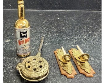 Vtg Dollhouse Miniatures Lot Brass Candle Sconces, Bed Warmer, & Scotch Bottle