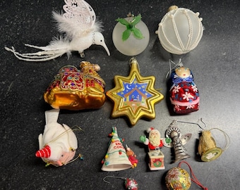 Vtg Christmas Ornament Lot 13pc Jeweled Glass Santa Angel Nativity Birds Camel