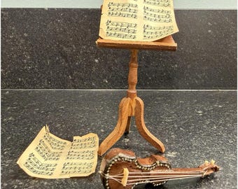Vintage 1972 Reevesline Miniature Violin Music Stand Sheet Music Japan Dollhouse