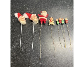 Vintage Hong Kong Christmas Tree Picks Lot 8pc Santa Snowman MCM Retro Ornaments