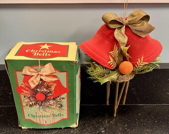 Vintage Red Flocked Christmas Bells Wind Chimes 1973 Hong Kong Ornament
