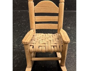 Miniature Handmade Wooden Rocking Chair Woven Seat Dollhouse Folk Art 2 Inch