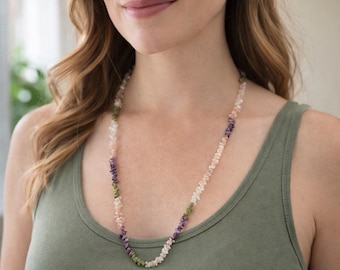 Vintage 32" Multi Gemstone Chip Necklace Strand Amethyst Citrine Peridot Quartz