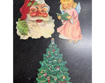 Vtg veel van 3 Dennison kerst gestanst veel kerstman engelboom kartonnen decor