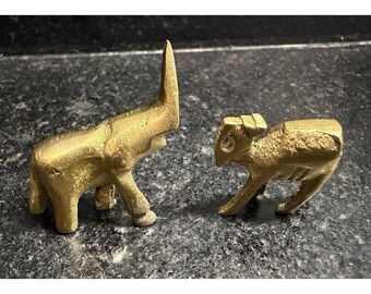 Vintage Mini Brass Elephant & Camel Figurines Pair Unmarked Brass 1" Animals