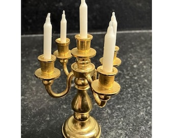 Vintage Solid Brass Dollhouse Miniature 5 Arm Candelabra Real Wax Candles 2"