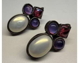 POGGI PARIS Poured Glass Cluster Drop Earrings French Costume Jewelry Signed