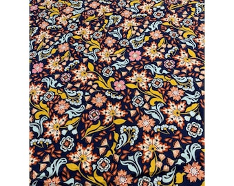 AMT Urban Wilderness Floral Cotton Fabric 45" x 72" Navy Boho Folk Art Yardage