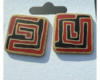 Vintage 1980s Laurel Burch Mystery Cloisonné Enamel Stud Earrings Red Black Gold
