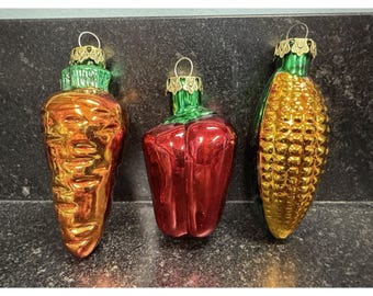 Vintage Blown Glass Vegetable Christmas Ornaments Set of 3 Carrot Pepper Corn 4"