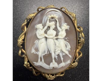 Antique Victorian Carved Shell Cameo Brooch The Three Graces Brass C-Clasp