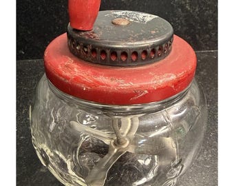VTG Glass Hand Crank Mixer Egg Beater Red Lid Wood Knob Works Graduated Bubbles