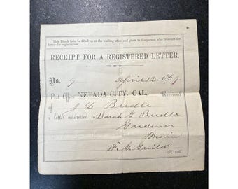 1869 Nevada City CA Registered Letter Receipt Postal History Antique Ephemera