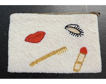 Vtg Beaded Cosmetic Pouch Bag White Seed Beads Eye Lips Toothbrush Lipstick 4x6"