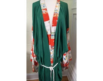 Handmade Kimono Style Robe Green w/ Japanese Print Trim Cranes Floral 44" Boho