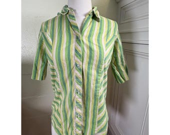Vintage Lady Margaret Striped Blouse Green White Short Sleeve Button Front USA M