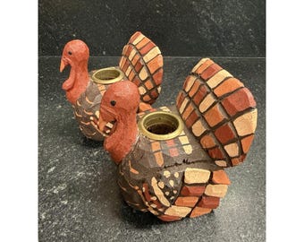ヴィンテージ 手彫り・彩色木製七面鳥キャンドルホルダー ペア フィリピン民芸品