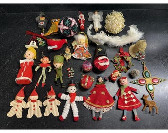 Vtg Christmas Ornament Lot Handmade Felt Wood Spun Cotton Santa Angel Elf 25+