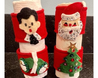 Vtg Felt Christmas Napkin Ring Holders Handmade Set Of 4 Red Sequined Holiday