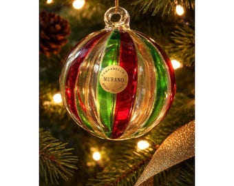 Adorno de cristal de Murano Campanella Italia Globo de aventurina rojo, verde y dorado con etiqueta