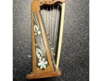 Vintage Miniature Harp 2.5" Wood Inlaid Mother of Pearl Shell Folk Art Decor