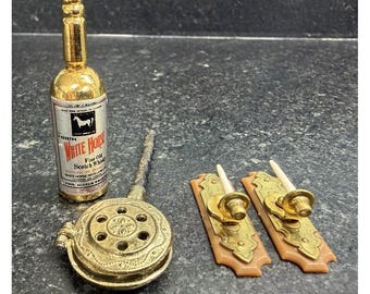 Vtg Dollhouse Miniatures Lot Brass Candle Sconces Cooking Utensil Scotch Bottle