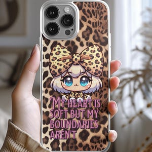 Bonita funda kawaii para iPhone: Mi corazón es tierno, pero mis límites no, MagSafe, lazo de leopardo, afirmación positiva, estilo coqueto.