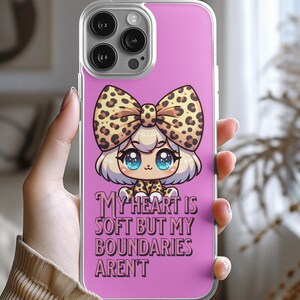 Cute Kawaii iPhone Case - My Heart is Soft but My Boundaries Aren't, MagSafe, Leopard Print Bow, Positive Affirmation, Coquette Style
