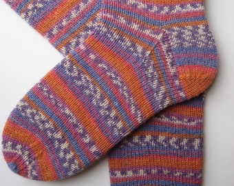 hand knitted womens wool socks to fit size UK 6-8, matching socks, multicoloured socks, striped knitted socks