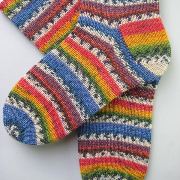 hand knitted womens wool socks, UK 5-7 US 7-9, rainbow socks, socks, matching socks, fun socks, multicoloured striped socks, happy socks