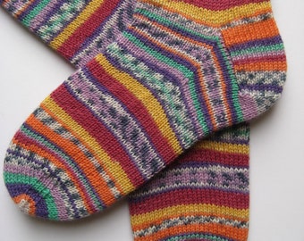 hand knitted womens wool socks, UK 4-6,  striped wool socks,  matching socks, unique socks, multicoloured socks