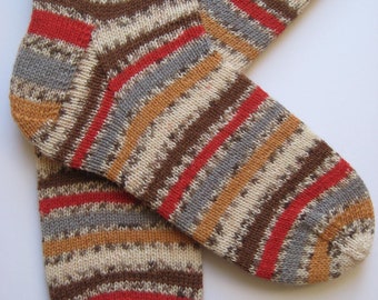 hand knitted mens wool socks, UK 9-11, striped socks, unisex socks, multi coloured knitted socks, matching socks