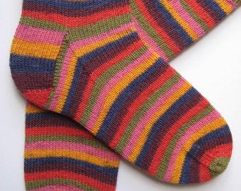 unisex socks, hand knitted mens wool socks, UK 8-10, striped socks, matching socks, red green blue yellow patterned striped socks