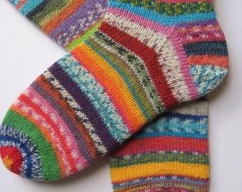 scrappy socks, UK size 6-8, hand knitted womens wool socks, fun odd socks, muticoloured socks, mismatched socks, unique zany socks