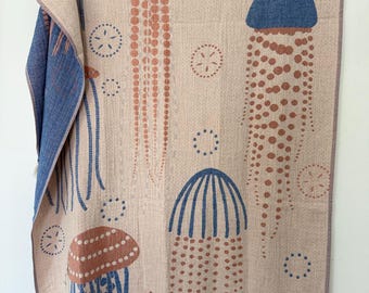 Cotton Jellyfish Beach Towel, Throw, Turkish Towel, Coral, Beige & Blue