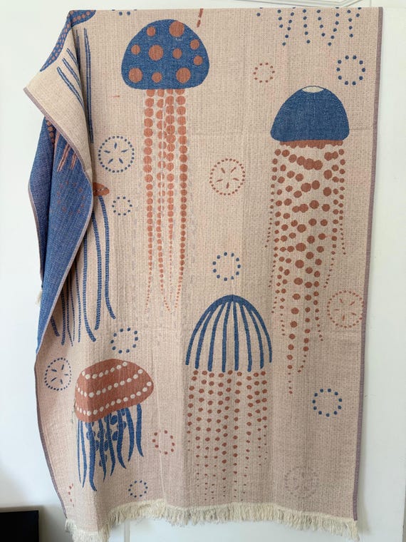 Cotton Jellyfish Beach Towel, Throw, Turkish Towel, Coral, Beige & Blue