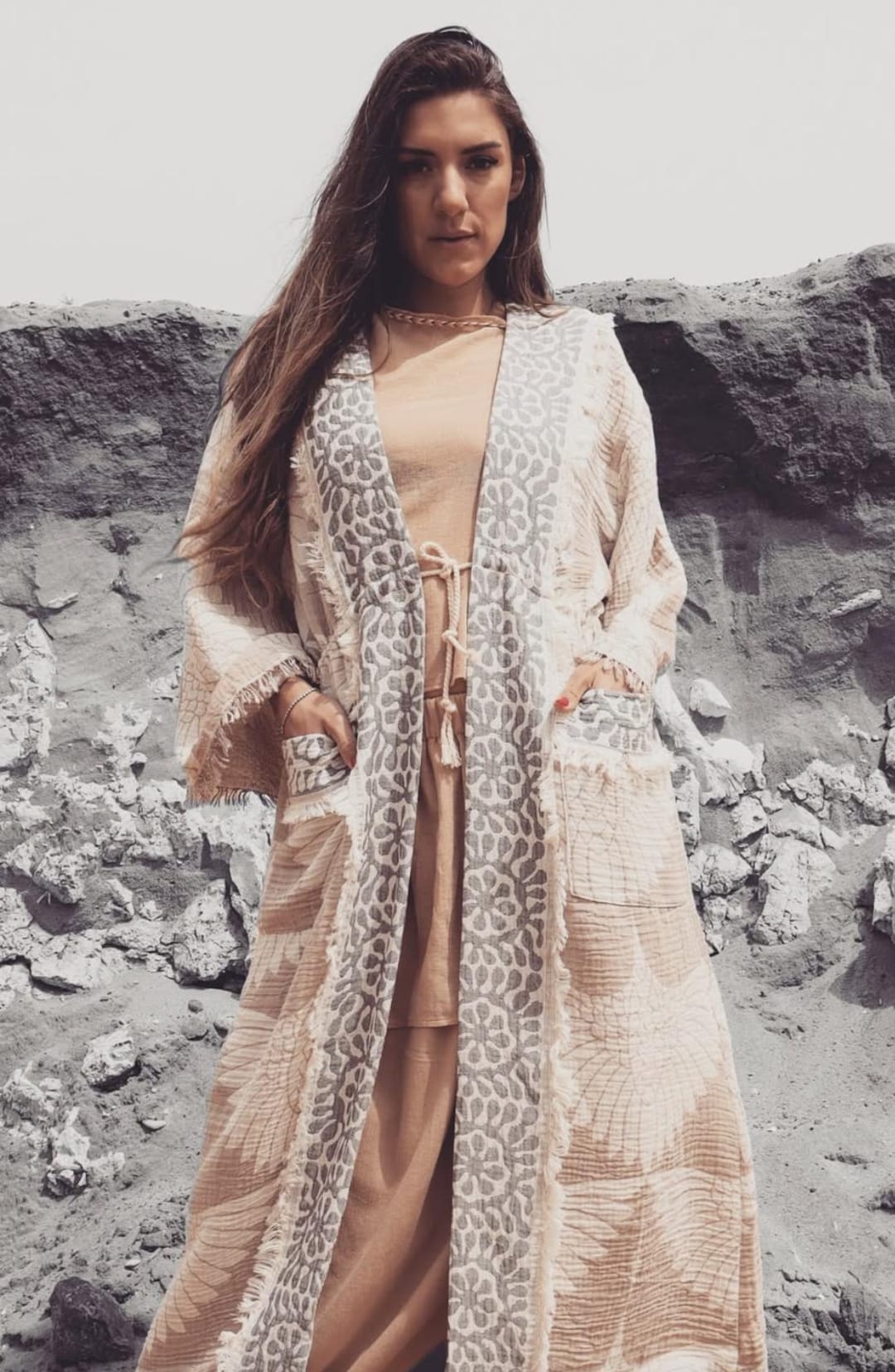 Hand Made Robe 100% Cotton Handmade Kimono Robe Beige and Gray Crane Design - Etsy