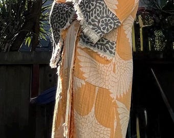100% Baumwolle handgefertigte Kimono Robe Senf Gelb Kran Design
