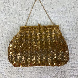 Vintage 50s Sequin Evening Bag: Gold Chain Handle Wedding Clutch