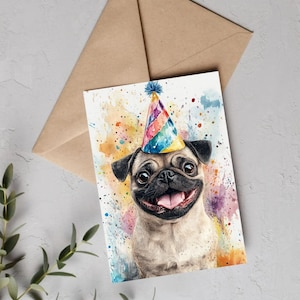 Pug Birthday Card – Cute Dog in Party Hat, Printable Watercolor Pet Greeting Card, Funny Animal Card, Dog Lover Gift, Text Inside