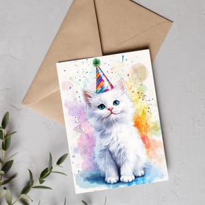 白猫の誕生日カード - パーティーハットをかぶったかわいい猫、印刷可能な水彩画のペットグリーティングカード、面白い動物カード、猫好きへのギフト、テキスト入り