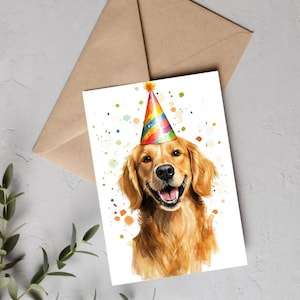 Golden Retriever Birthday Card – Cute Dog in Party Hat, Printable Watercolor Pet Greeting Card, Funny Animal Card, Dog Lover Gift